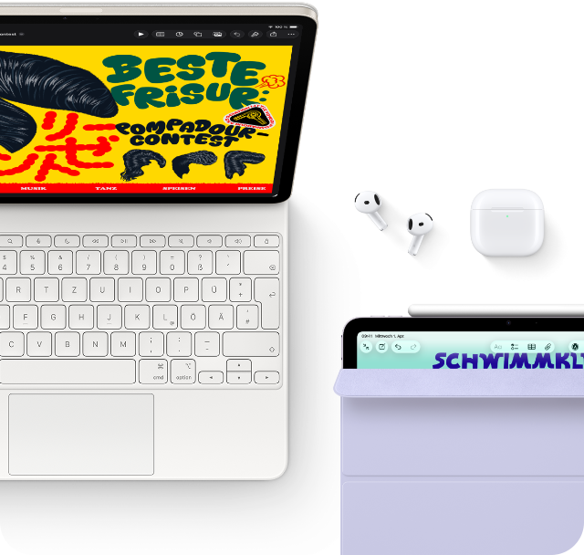 iPad Air, Farbe Polarstern, farbige Grafik auf dem Display, befestigt am Magic Keyboard, Airpods Pro und Apple Pencil Pro Zubehör