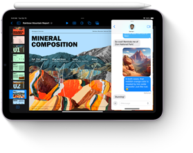 Das iPad mini wird im Querformat gezeigt, der Apple Pencil liegt auf der Oberseite. Das Display zeigt Multitasking und neue Apple Intelligence Features auf dem iPad mini