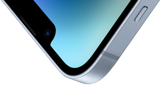 Obere linke Ecke eines iPhone 14 mit Ceramic Shield Vorderseite.